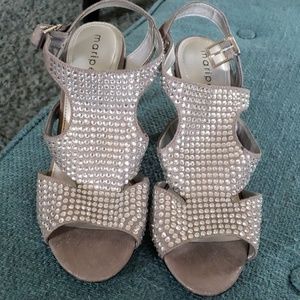 Grey suede heels with rhinestone detail